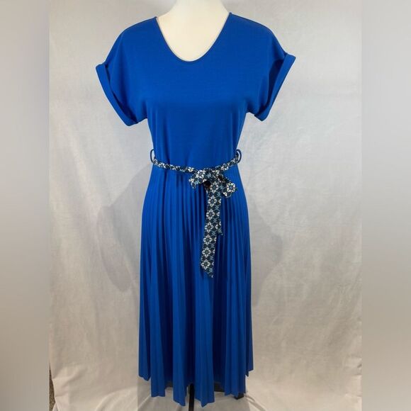 Elizabeth & Nicole royal blue belted pleated skirt flowy midi dress size medium - Picture 1 of 7